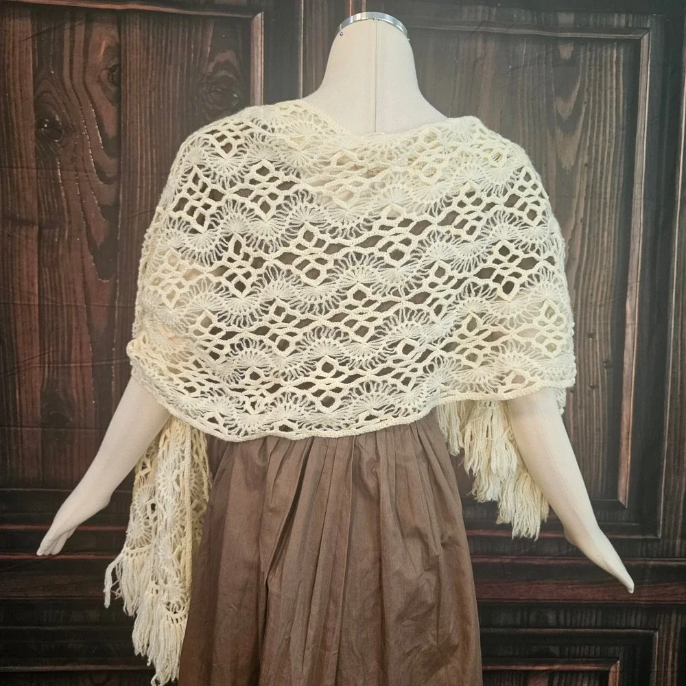 Vintage 1970s Crochet Fringe Shawl Wrap Cream Ivory Boho Handmade Lace Scarf